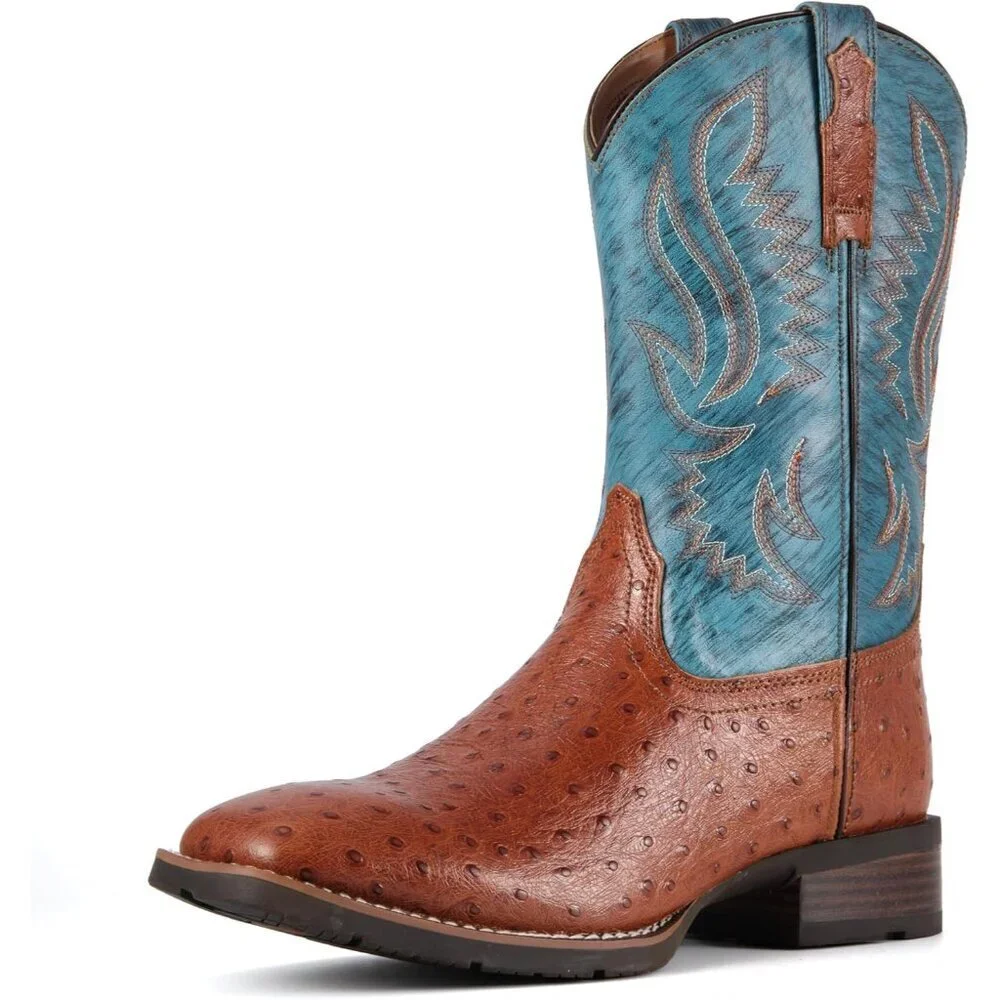 Men‘s Brandy Leather Cowboy Ostrich Patter Square Toe Embroidery Western Boots